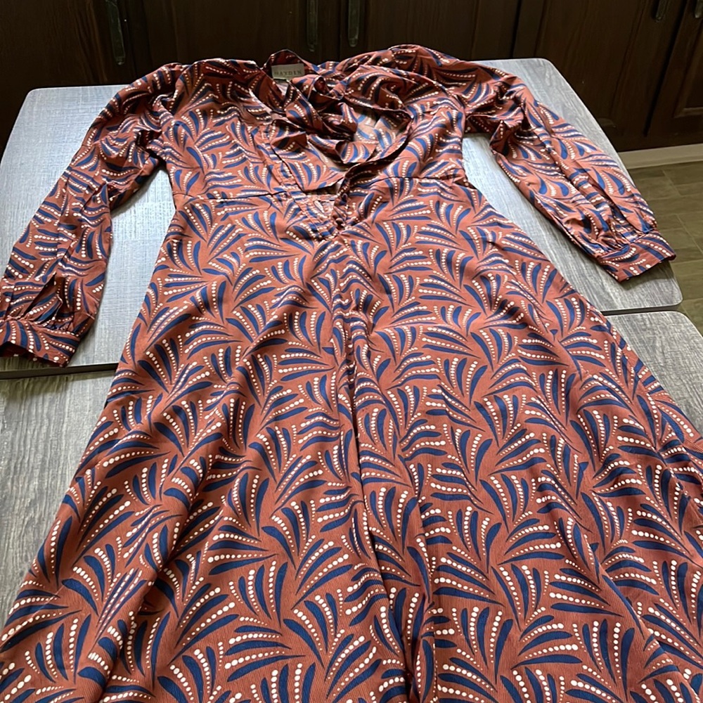 Burnt orange and navy dress